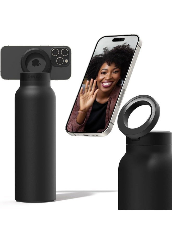 Magnetic Water Bottle with Magnetic Phone Holder, Compatible with Magnetic Safety Phone Mount/Tripod for iPhone, 24H Cold/12H Hot, Stainless Steel 800ML Double Wall Bottle for Gym Sport (BLACK)) - Image 1